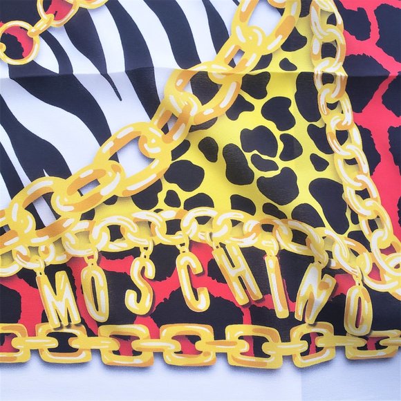 NWT Moschino 100% Silk gold chain and animal print designed large square scarf - Picture 2 of 5